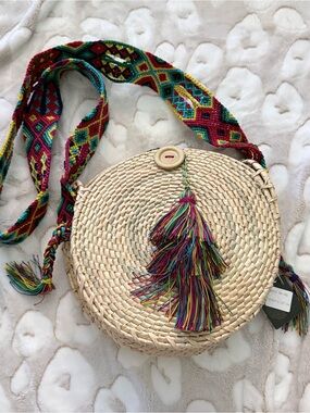 Del Rio Woven Round Straw Crossbody Bag with Multicolor Tassel Strap NWT